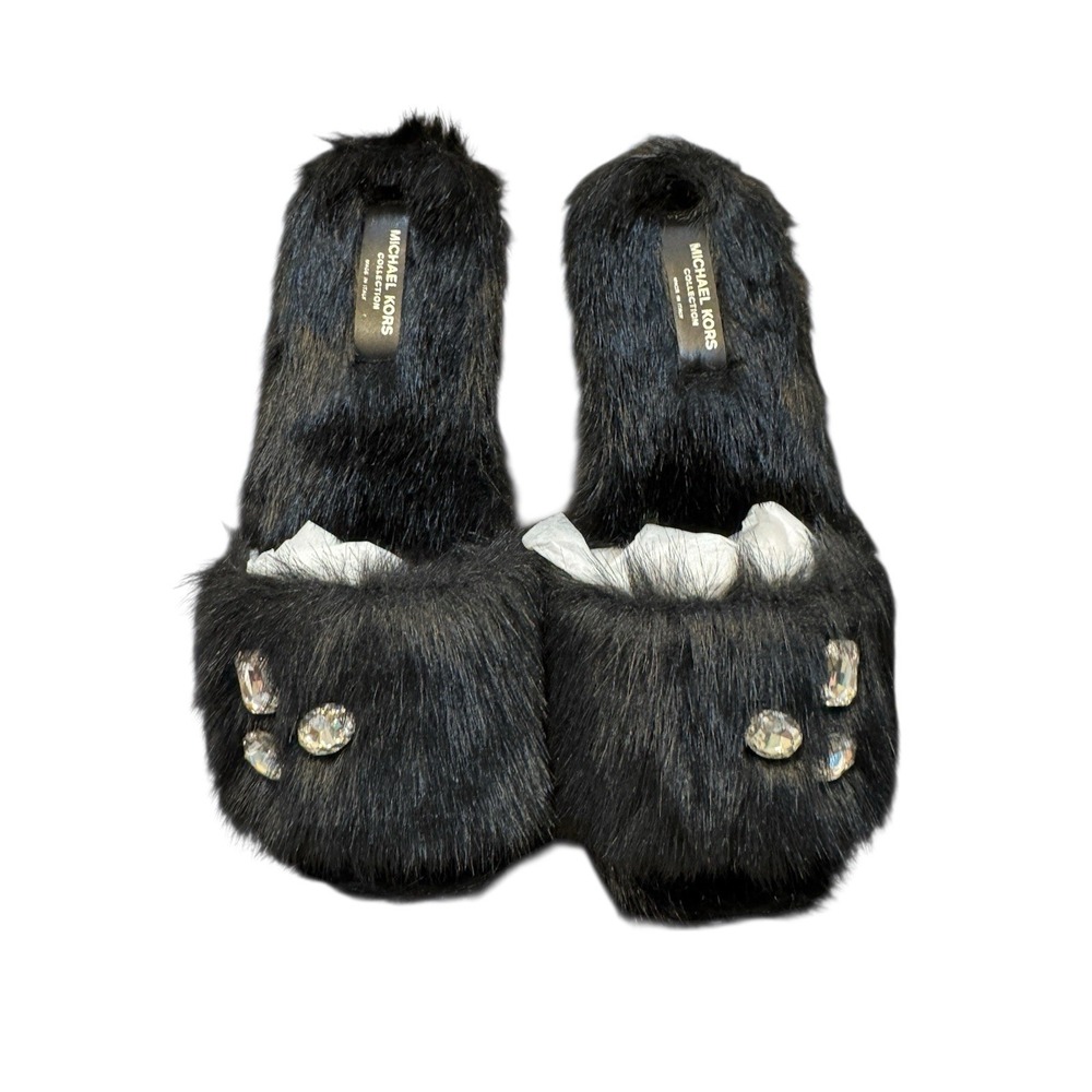 Michael Kors Collection black‎ fur slides Delphine Runway Size 6.5